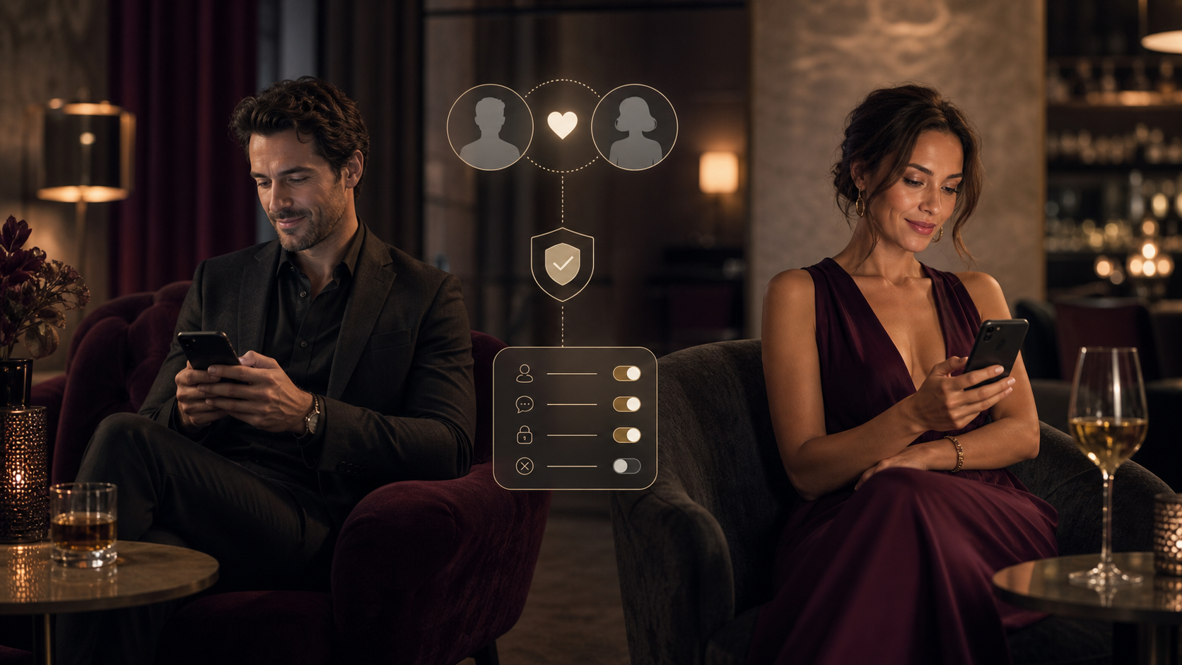 Deux adultes utilisant une application de rencontres occasionnelles avec r&eacute;glages de s&eacute;curit&eacute;