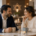 Couple faisant connaissance après une rencontre juive en ligne