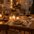 Table préparée pour un dîner romantique à la maison